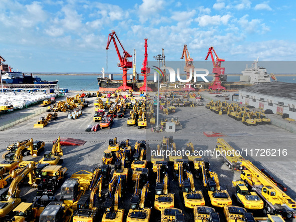 A large number of vehicles gather for loading at the terminal of Oriental Port Branch in Lianyungang Port in Lianyungang, China, on October...