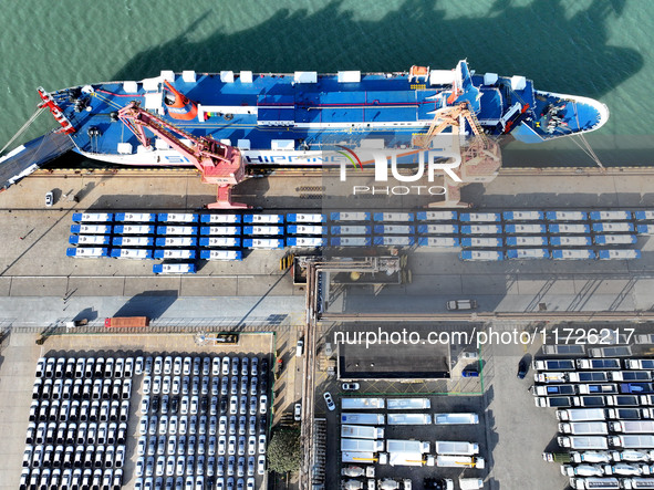 A large number of vehicles gather for loading at the terminal of Oriental Port Branch in Lianyungang Port in Lianyungang, China, on October...