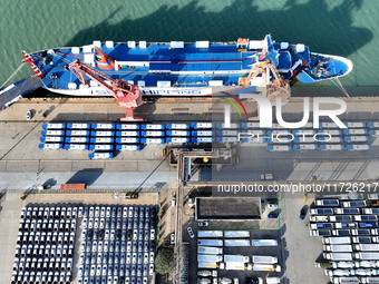 A large number of vehicles gather for loading at the terminal of Oriental Port Branch in Lianyungang Port in Lianyungang, China, on October...