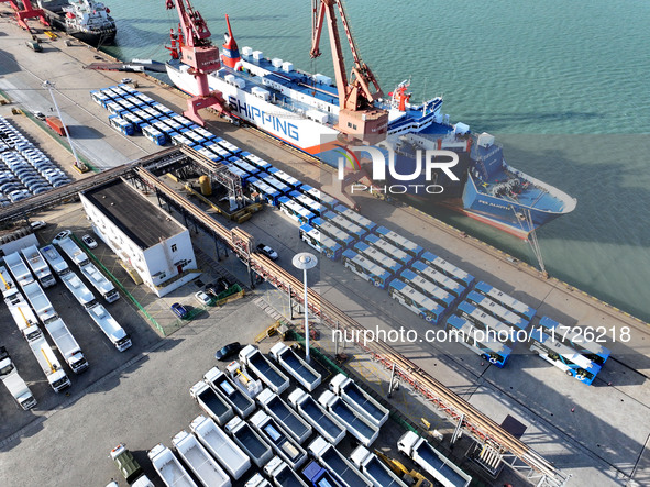 A large number of vehicles gather for loading at the terminal of Oriental Port Branch in Lianyungang Port in Lianyungang, China, on October...