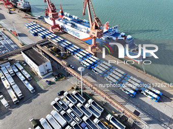 A large number of vehicles gather for loading at the terminal of Oriental Port Branch in Lianyungang Port in Lianyungang, China, on October...