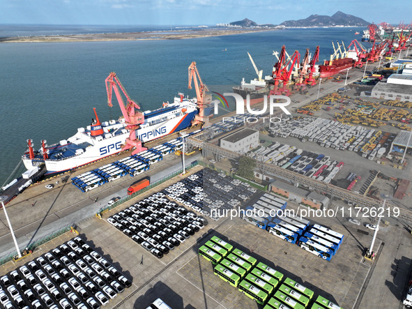 A large number of vehicles gather for loading at the terminal of Oriental Port Branch in Lianyungang Port in Lianyungang, China, on October...