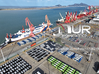 A large number of vehicles gather for loading at the terminal of Oriental Port Branch in Lianyungang Port in Lianyungang, China, on October...