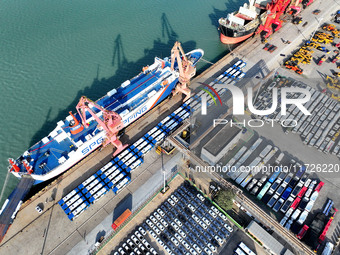 A large number of vehicles gather for loading at the terminal of Oriental Port Branch in Lianyungang Port in Lianyungang, China, on October...