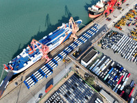 A large number of vehicles gather for loading at the terminal of Oriental Port Branch in Lianyungang Port in Lianyungang, China, on October...