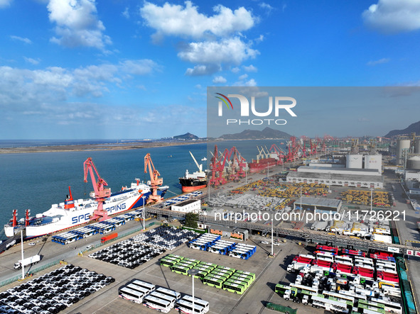 A large number of vehicles gather for loading at the terminal of Oriental Port Branch in Lianyungang Port in Lianyungang, China, on October...