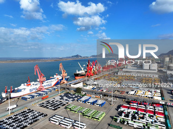 A large number of vehicles gather for loading at the terminal of Oriental Port Branch in Lianyungang Port in Lianyungang, China, on October...