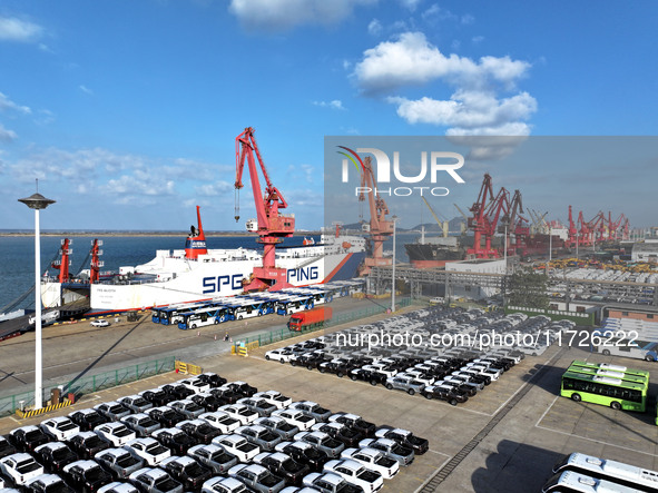 A large number of vehicles gather for loading at the terminal of Oriental Port Branch in Lianyungang Port in Lianyungang, China, on October...