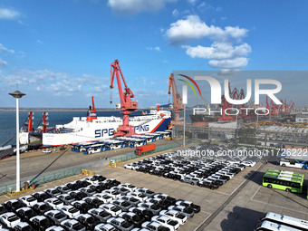 A large number of vehicles gather for loading at the terminal of Oriental Port Branch in Lianyungang Port in Lianyungang, China, on October...