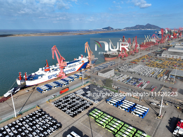 A large number of vehicles gather for loading at the terminal of Oriental Port Branch in Lianyungang Port in Lianyungang, China, on October...