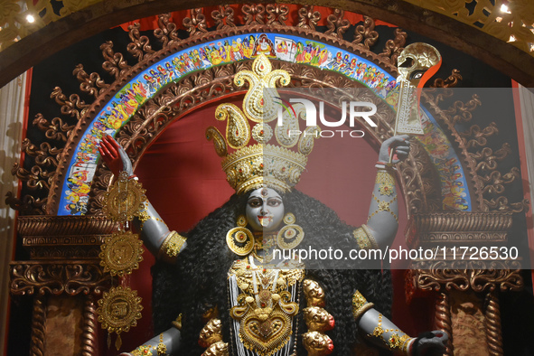 An idol of the Hindu goddess Kali is seen at a pandal during the Kali Puja festival in Kolkata, India, on October 31, 2024. 