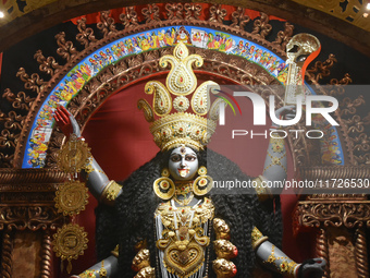 An idol of the Hindu goddess Kali is seen at a pandal during the Kali Puja festival in Kolkata, India, on October 31, 2024. (