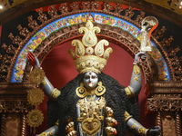 An idol of the Hindu goddess Kali is seen at a pandal during the Kali Puja festival in Kolkata, India, on October 31, 2024. (