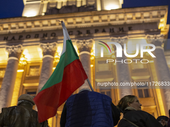 Supporters of the Velichie political party protest in front of the National Assembly building in Sofia, Bulgaria, on October 31, 2024. They...