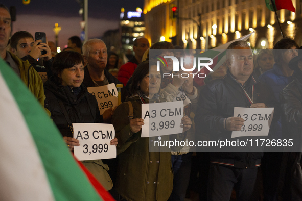 Supporters of the Velichie political party protest in front of the National Assembly building in Sofia, Bulgaria, on October 31, 2024. They...