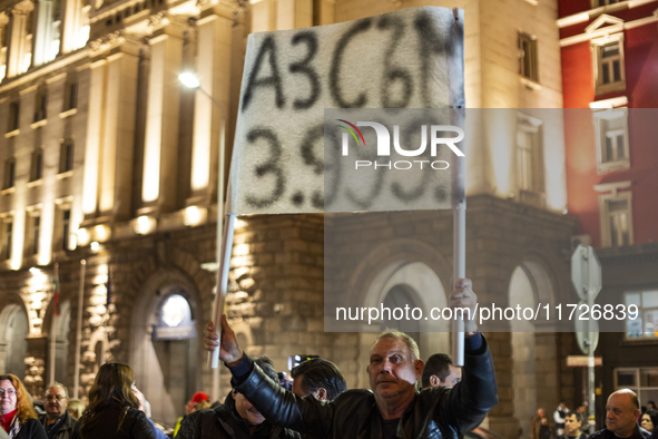 Supporters of the Velichie political party protest in front of the National Assembly building in Sofia, Bulgaria, on October 31, 2024. They...