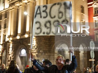 Supporters of the Velichie political party protest in front of the National Assembly building in Sofia, Bulgaria, on October 31, 2024. They...