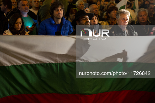 Supporters of the Velichie political party protest in front of the National Assembly building in Sofia, Bulgaria, on October 31, 2024. They...