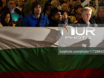 Supporters of the Velichie political party protest in front of the National Assembly building in Sofia, Bulgaria, on October 31, 2024. They...