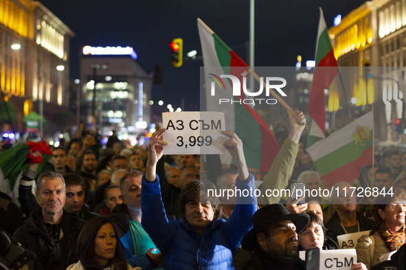 Supporters of the Velichie political party protest in front of the National Assembly building in Sofia, Bulgaria, on October 31, 2024. They...