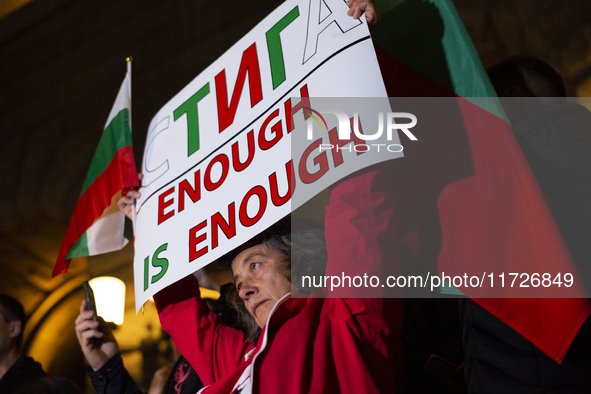 Supporters of the Velichie political party protest in front of the National Assembly building in Sofia, Bulgaria, on October 31, 2024. They...