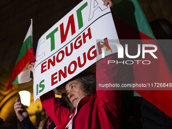 Supporters of the Velichie political party protest in front of the National Assembly building in Sofia, Bulgaria, on October 31, 2024. They...