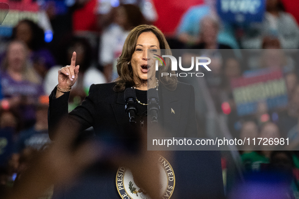 Vice President Kamala Harris speaks at a get out the vote rally in Harrisburg, PA, on October 30, 2024.  Harris and her running mate, Minnes...