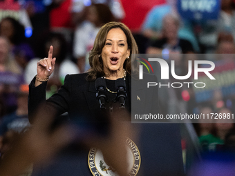 Vice President Kamala Harris speaks at a get out the vote rally in Harrisburg, PA, on October 30, 2024.  Harris and her running mate, Minnes...