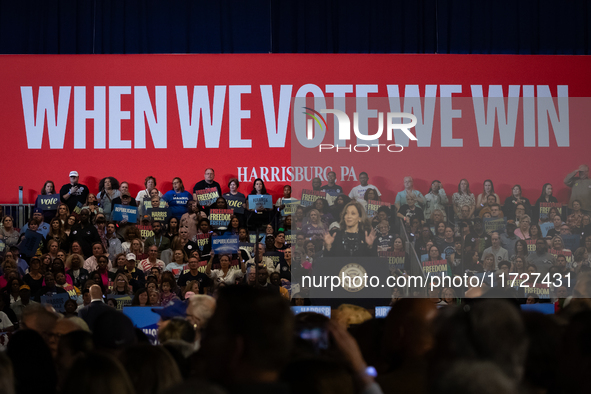 Vice President Kamala Harris speaks during a get out the vote rally in Harrisburg, PA, on October 30, 2024.  Harris and her running mate, Mi...