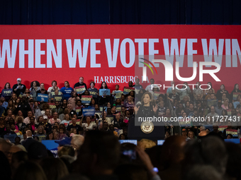 Vice President Kamala Harris speaks during a get out the vote rally in Harrisburg, PA, on October 30, 2024.  Harris and her running mate, Mi...