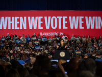 Vice President Kamala Harris speaks during a get out the vote rally in Harrisburg, PA, on October 30, 2024.  Harris and her running mate, Mi...