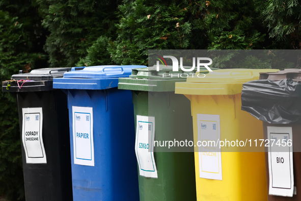 Garbage bins are seen in Krakow, Poland on October 31, 2024. 