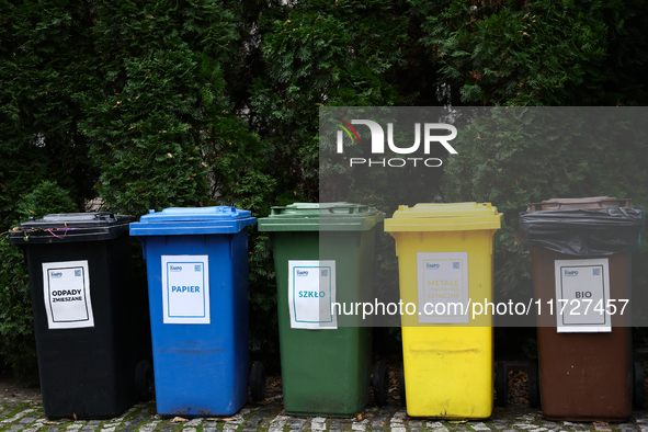 Garbage bins are seen in Krakow, Poland on October 31, 2024. 