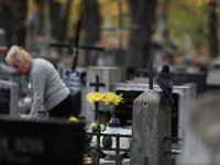 A crow is at the Rakowicki Cemetery during preparations for All Saints' Day in Krakow, Poland, on October 30, 2024. November 1 is celebrated...