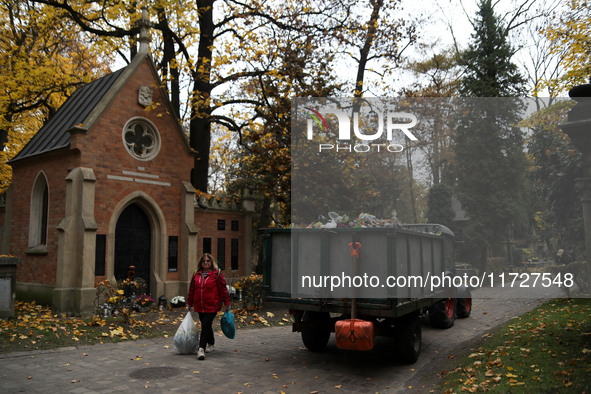 Rakowicki Cemetery undergoes preparations for All Saints' Day on October 30, 2024, in Krakow, Poland. November 1 is celebrated in Catholicis...