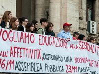 OSA students perform a flash mob in front of the Ministry of Education and Merit to request sexual and affective education in schools in Rom...