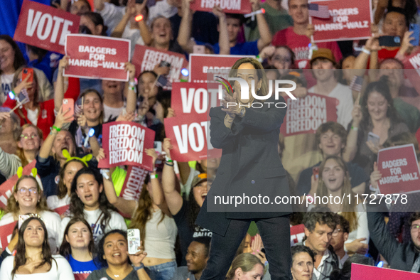 Vice President and Democratic presidential nominee Kamala Harris held a ''When We Vote We Win'' concert campaign rally in Wisconsin on Octob...