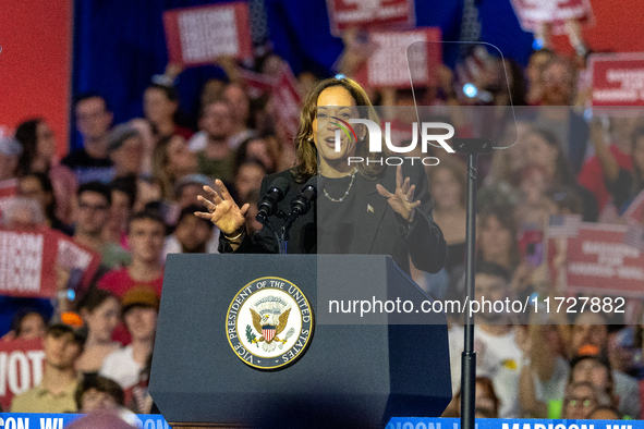 Vice President and Democratic presidential nominee Kamala Harris held a ''When We Vote We Win'' concert campaign rally in Wisconsin on Octob...