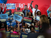 People cheer Vice President Kamala Harris as she speaks at a get out the vote rally in Harrisburg, PA, on October 30, 2024.  Harris and her...