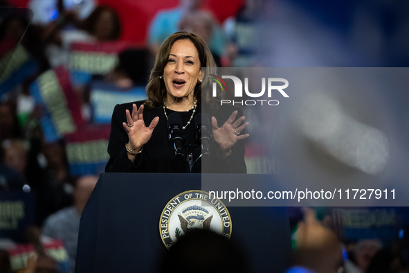 Vice President Kamala Harris speaks during a get out the vote rally in Harrisburg, PA, on October 30, 2024.  Harris and her running mate, Mi...