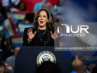 Vice President Kamala Harris speaks during a get out the vote rally in Harrisburg, PA, on October 30, 2024.  Harris and her running mate, Mi...