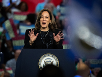 Vice President Kamala Harris speaks during a get out the vote rally in Harrisburg, PA, on October 30, 2024.  Harris and her running mate, Mi...