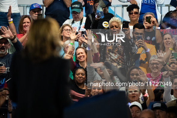 People cheer Vice President Kamala Harris at a get out the vote rally in Harrisburg, PA, on October 30, 2024.  Harris and her running mate,...