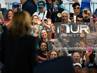 People cheer Vice President Kamala Harris at a get out the vote rally in Harrisburg, PA, on October 30, 2024.  Harris and her running mate,...