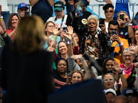 People cheer Vice President Kamala Harris at a get out the vote rally in Harrisburg, PA, on October 30, 2024.  Harris and her running mate,...