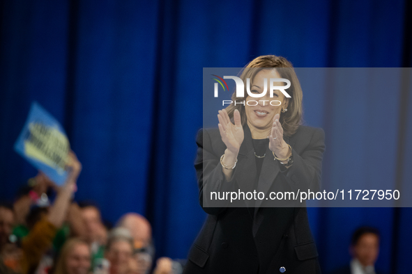 Vice President Kamala Harris reacts to a raucous greeting from supporters at a get out the vote rally in Harrisburg, PA, on October 30, 2024...