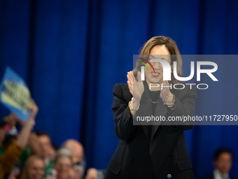 Vice President Kamala Harris reacts to a raucous greeting from supporters at a get out the vote rally in Harrisburg, PA, on October 30, 2024...