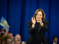 Vice President Kamala Harris reacts to a raucous greeting from supporters at a get out the vote rally in Harrisburg, PA, on October 30, 2024...