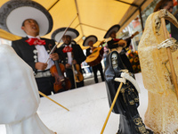 An image of Santa Muerte is seen as devotees attend the Altar of Santa Muerte located on Alfareria Street in the Tepito neighborhood to show...