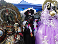 An image of Santa Muerte is seen as devotees attend the Altar of Santa Muerte located on Alfareria Street in the Tepito neighborhood to show...